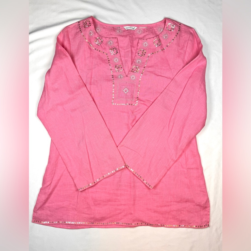 (S-M) MALCOLM & CO Pink Irish Linen Tunic Embroidered w/ Sequins